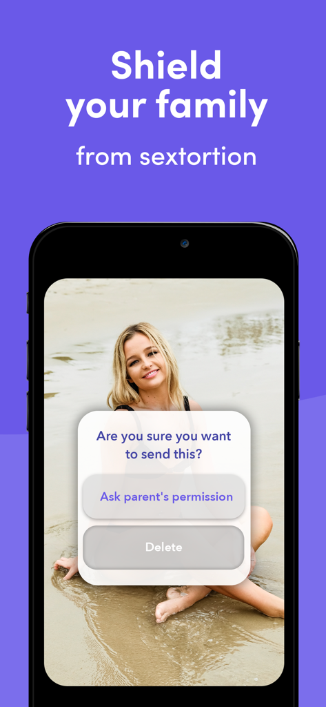 Canopy app interface on a smartphone showing a sexting alert prompt asking for parental permission to send a photo.