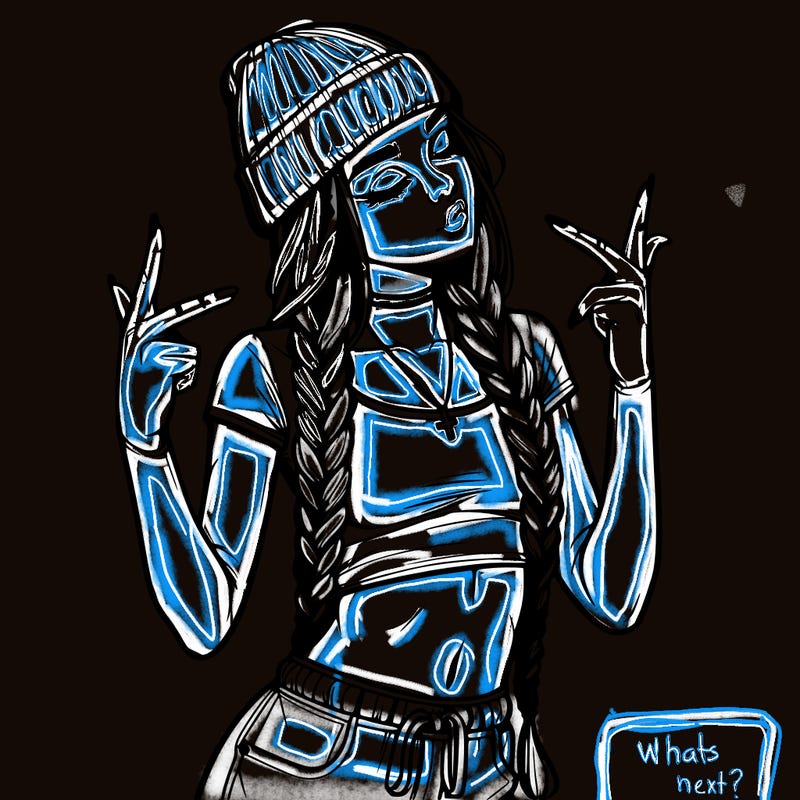 realistic teenage girl with braids and a beanie and crop top doing 🫶🏼