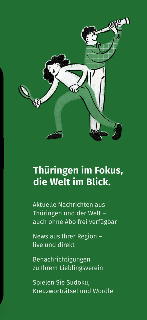 Introductory screen of the Thuringer Allgemeine News app featuring an illustration of researchers and a list of features like local news and digital puzzles