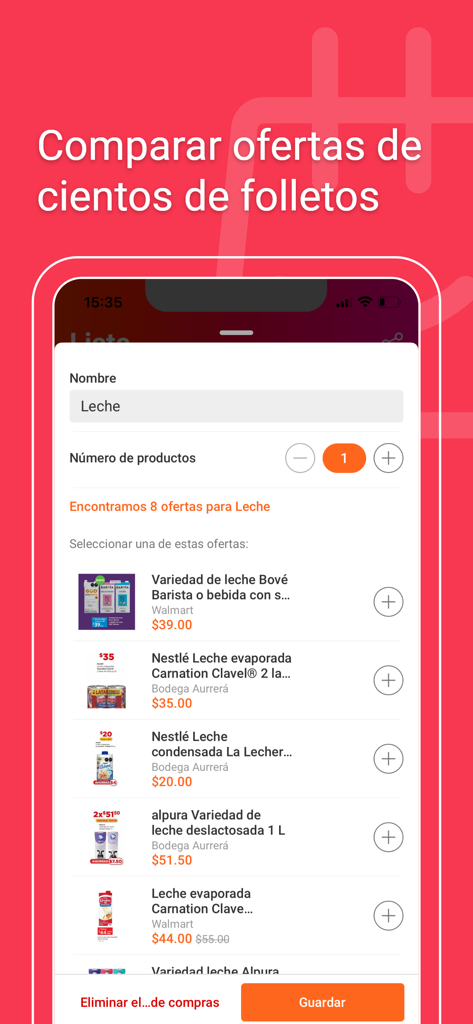 Catálogos y ofertas de México - Interface de aplicativo móvel mostrando comparações de preços de leite em vários varejistas mexicanos como Walmart e Bodega Aurrera.