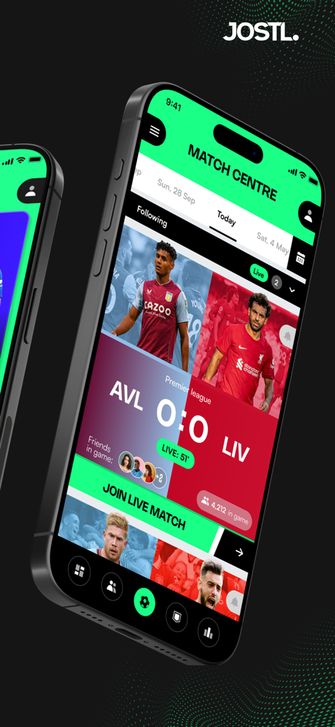 JOSTL app Match Centre screen displaying a live Premier League match between Aston Villa and Liverpool