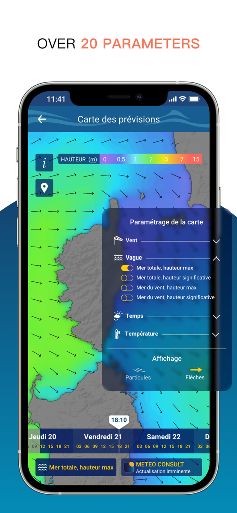 Météo Marine - Météo Marine app displaying an interactive maritime forecast map with wave and wind parameters