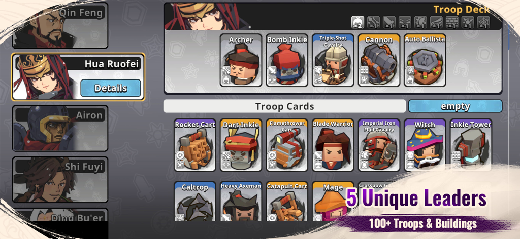 Inkvasion - Écran de jeu Inkvasion montrant la sélection de chefs uniques et une variété de cartes de troupes comprenant des archers et des canons dans un style artistique en blocs