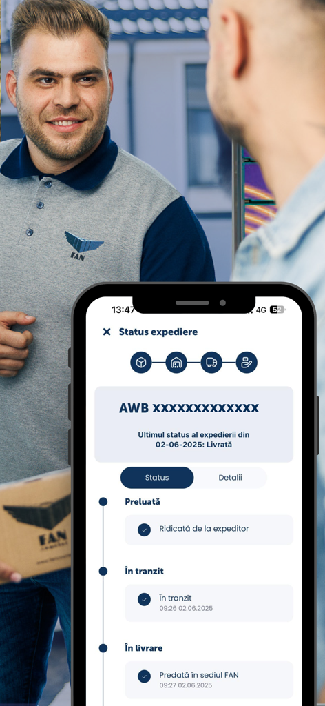 FAN Courier Mobile - Interface of the FAN Courier Mobile app showing the real time status of a parcel delivery