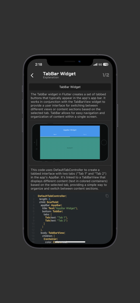 Pantalla de la aplicación móvil que muestra un tutorial sobre el widget TabBar de Flutter con una explicación y un fragmento de código