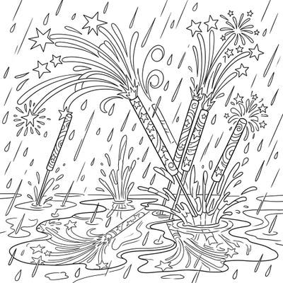Unleash your creativity with this dynamic coloring page featuring Roman candles amidst a rainy-day downpour. Watch as festive bursts of light dance with falling raindrops and reflective puddles, promising a truly engaging artistic adventure.