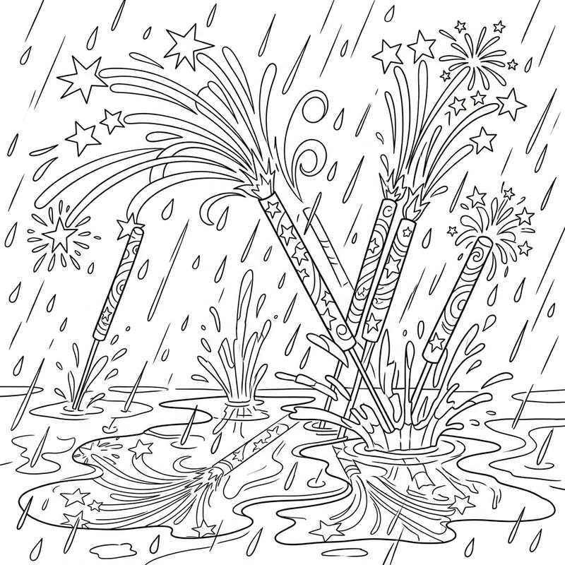 Unleash your creativity with this dynamic coloring page featuring Roman candles amidst a rainy-day downpour. Watch as festive bursts of light dance with falling raindrops and reflective puddles, promising a truly engaging artistic adventure.
