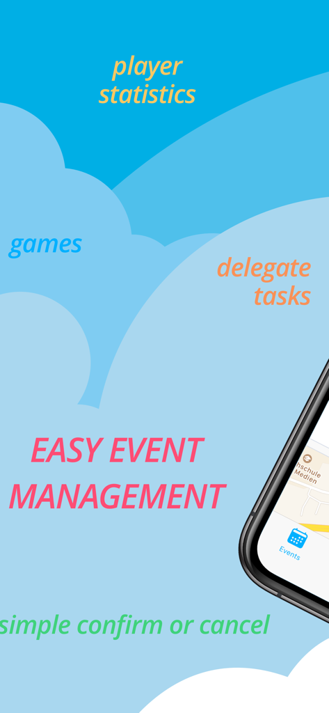 myteam App - Promotional screen for myteam app highlighting easy event management player statistics and game scheduling features