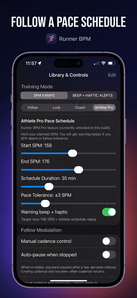 Runner BPM app showing Athlete Pro pace schedule with SPM ramp settings