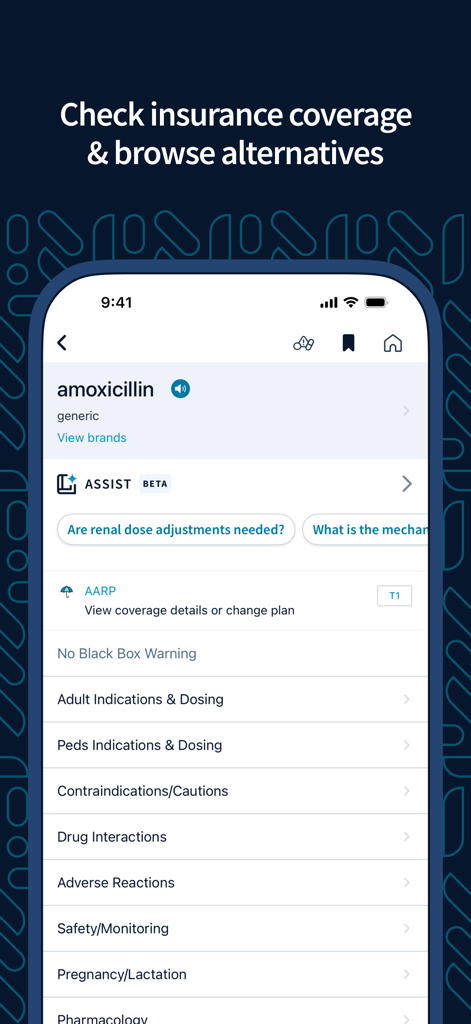 epocrates: Drug Info & Pill ID - Epocrates app screen displaying drug information for amoxicillin and insurance coverage options