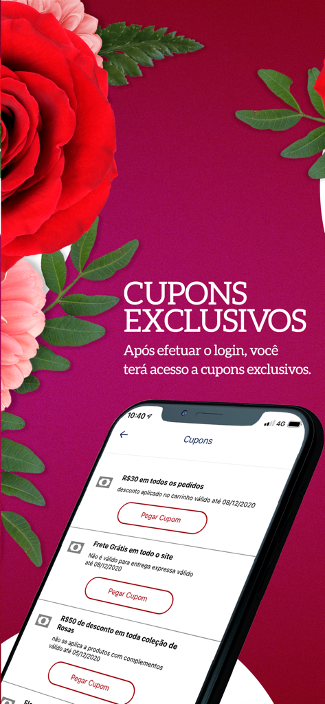 Giuliana Flores - Aplicativo móvel Giuliana Flores mostrando cupons de desconto exclusivos para entrega de flores