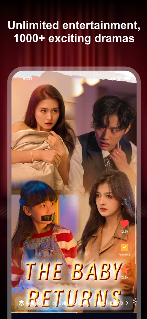 R Drama – Stream Drama & TV - R Drama app screenshot showing a vertical video of a romantic drama series called The Baby Returns