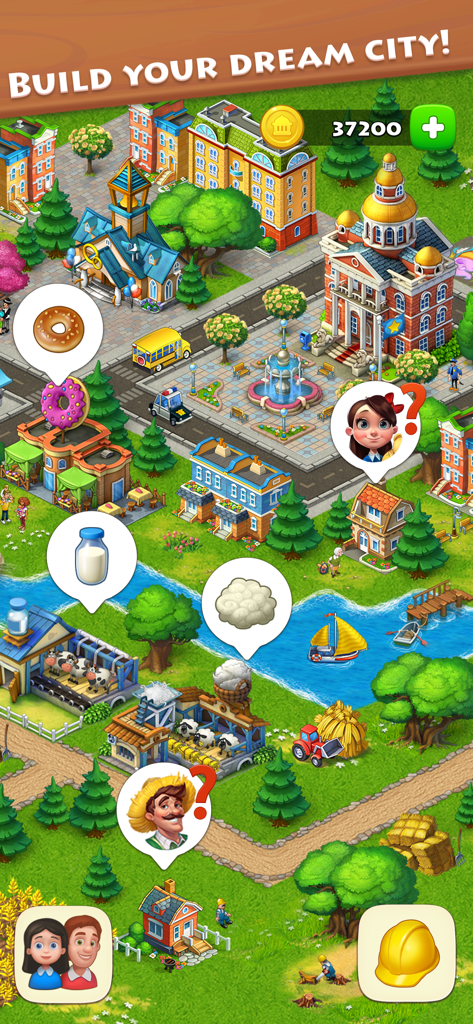 A colorful aerial view of a vibrant town and farm in the Township mobile game showing buildings animals and crops