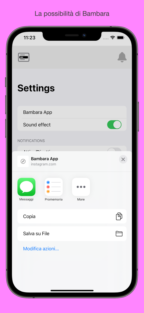 Bambara - Pantalla de configuración de la aplicación de aprendizaje de idiomas Bambara con opciones de compartir de iOS.