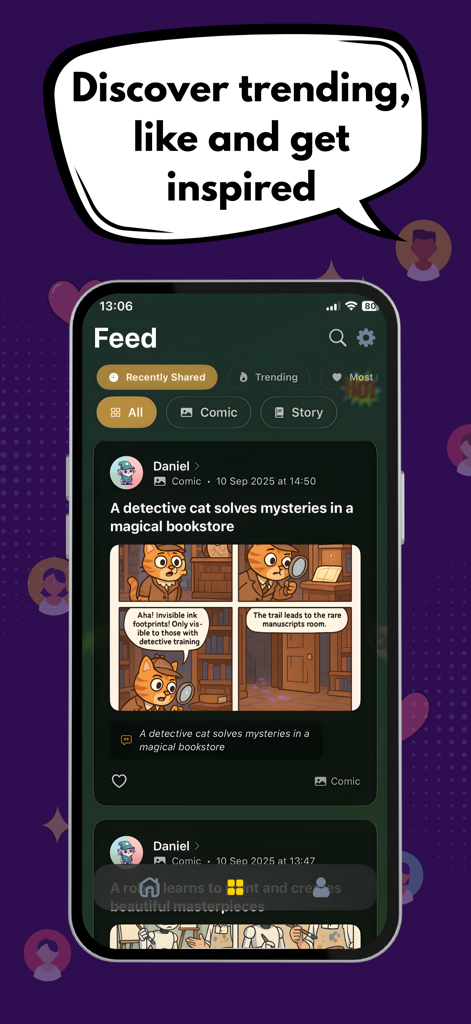 Comic Book Maker - iCartoon - Community feed in the iCartoon app showing a trending AI generated comic about a detective cat
