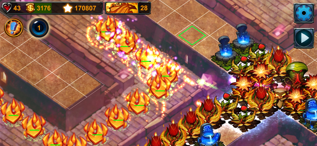 A top-down view of Element TD gameplay showing fire and nature elemental towers strategically placed along a path to defend against waves of enemies.
