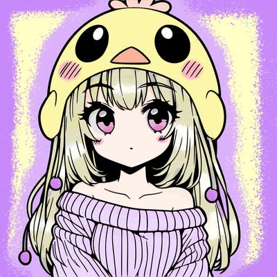 anime girl with chick shaped hat with sweater with bare shoulders with bangs covering them one eye with low tail