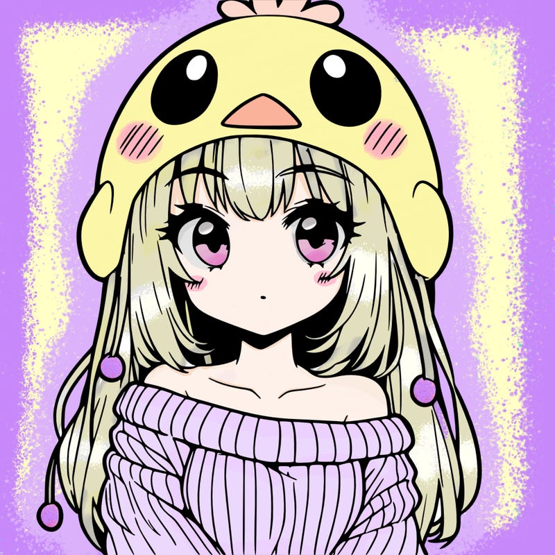 anime girl with chick shaped hat with sweater with bare shoulders with bangs covering them one eye with low tail