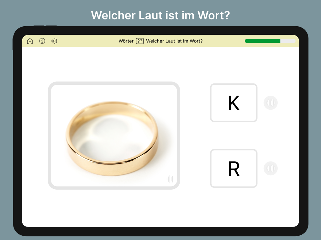 Lexico Hören Pro - Aplicación Lexico Hoeren Pro en iPad que muestra un ejercicio de identificación de sonidos con una imagen de un anillo de oro y las opciones de letras R y K