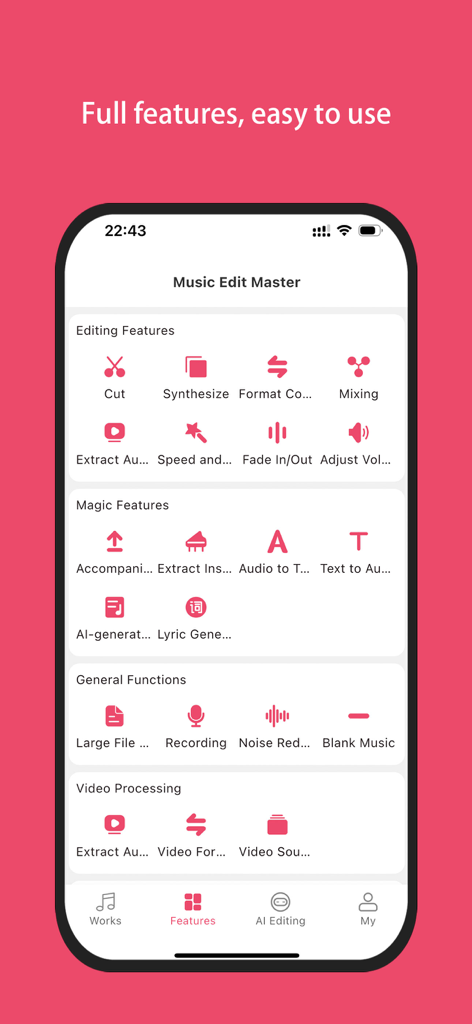 Music Edit Master - Interface de Music Edit Master montrant divers outils d'édition audio, y compris la génération de musique par IA et les fonctions de traitement vidéo.