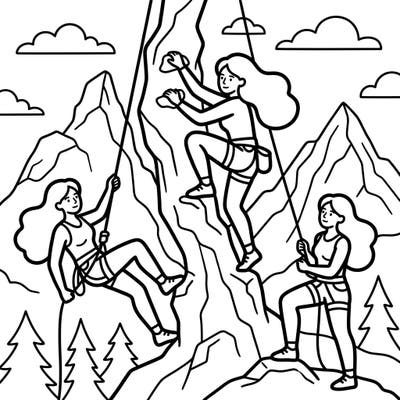 Introduce your little one to the exciting world of climbing with this vibrant coloring page featuring adventurous female climbers. Designed with thick lines and simple shapes, it's perfect for toddlers to explore their creativity and develop fine motor skills.