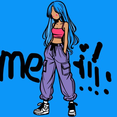 girl in baggy pants crop top and long hair