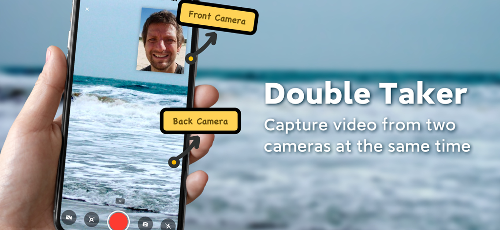 Double Camera: Video Recording - Smartphone displaying simultaneous front and back camera video recording of a beach scene