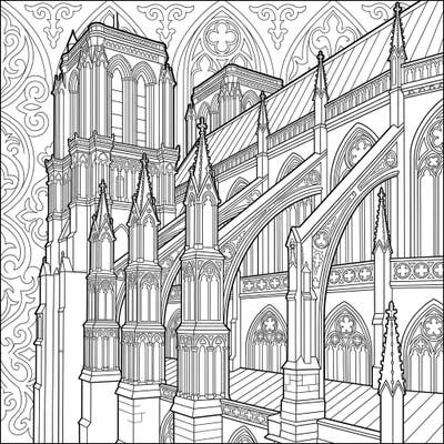 Unleash your creativity with this stunning coloring template featuring the iconic flying buttresses of a Gothic cathedral. Dive into the intricate details of medieval architecture and bring this masterpiece to life with your chosen colors.