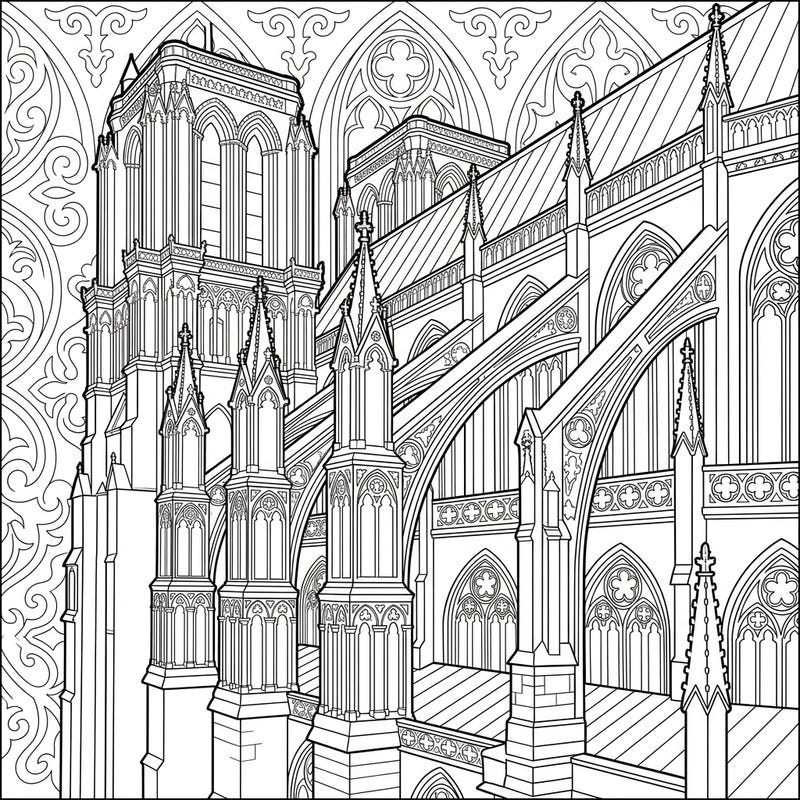 Unleash your creativity with this stunning coloring template featuring the iconic flying buttresses of a Gothic cathedral. Dive into the intricate details of medieval architecture and bring this masterpiece to life with your chosen colors.