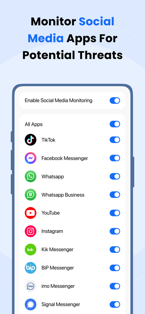 Interface for monitoring social media apps like TikTok and Instagram for potential threats