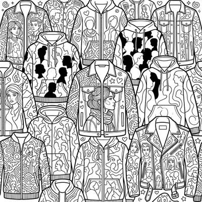 Explore a world where fashion meets artistry on this captivating coloring page featuring an array of outerwear. Each jacket is uniquely designed with intricate human figures, profiles, and expressive faces, offering endless creative possibilities.