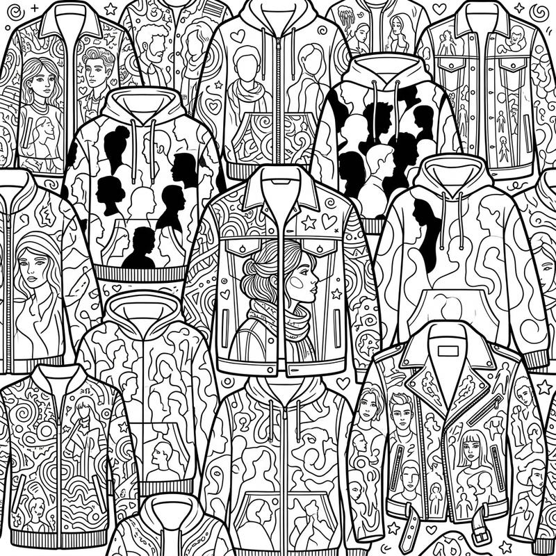 Explore a world where fashion meets artistry on this captivating coloring page featuring an array of outerwear. Each jacket is uniquely designed with intricate human figures, profiles, and expressive faces, offering endless creative possibilities.