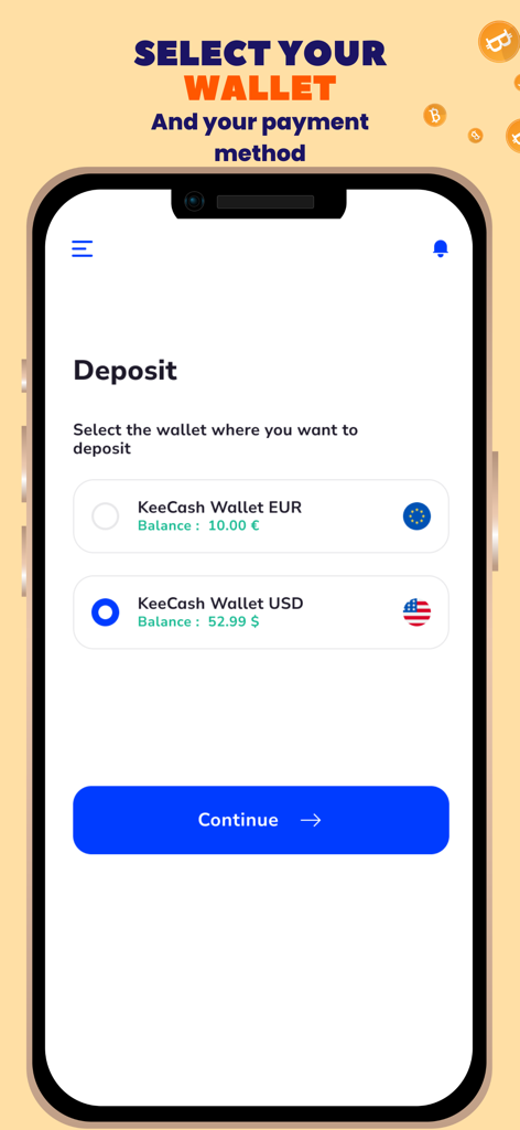 KeeCash - Pantalla de la aplicación móvil KeeCash para seleccionar entre una billetera USD o EUR para depósitos