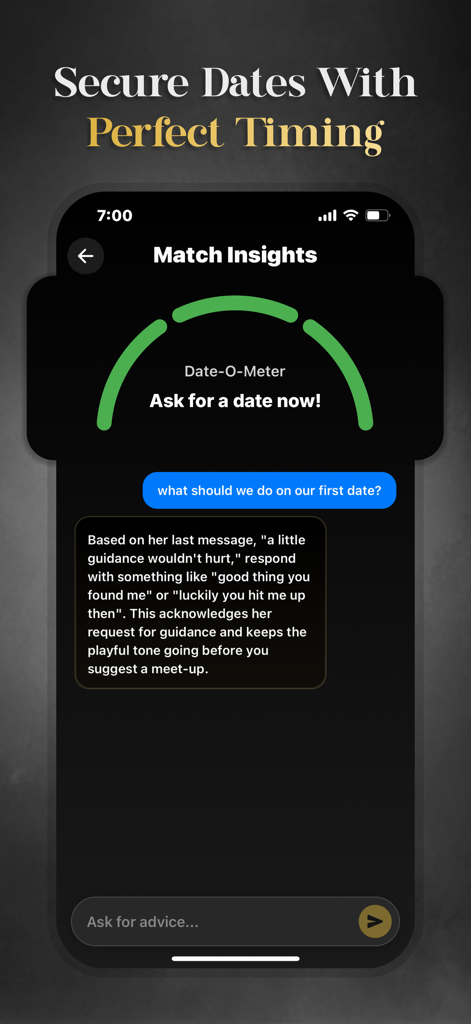 Charmd - AI Wingman - Charmd app interface showing AI match insights with a Date-O-Meter and conversation suggestions for dating