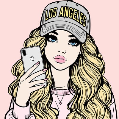 realistic beautiful girl wearing los ángeles cap holding an iphone