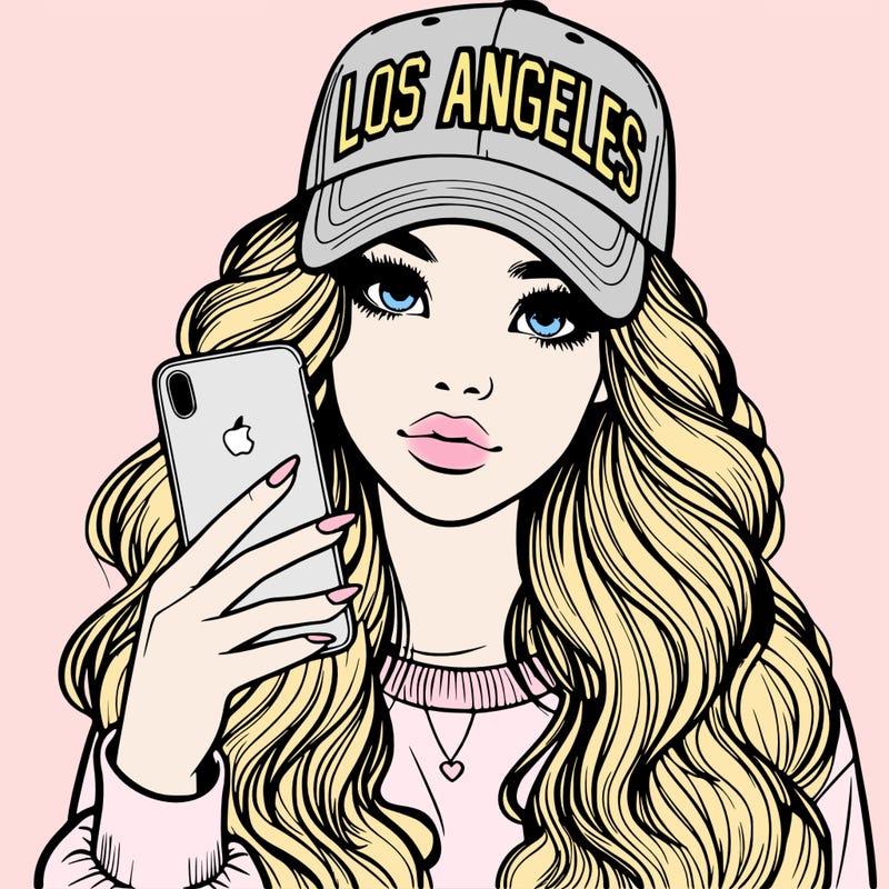 realistic beautiful girl wearing los ángeles cap holding an iphone