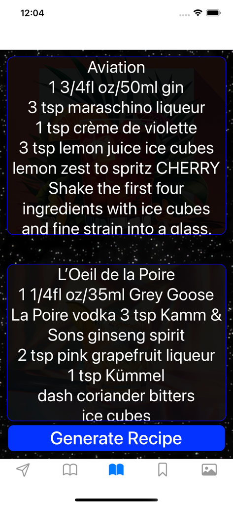 Tela do aplicativo móvel exibindo receitas detalhadas de cocktails e instruções de mixologia