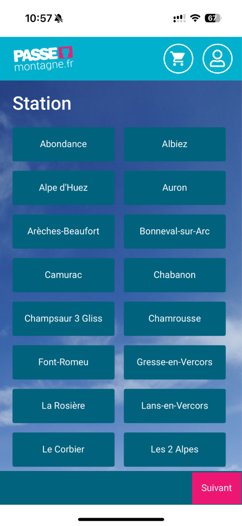 PASSE MONTAGNE - Écran de l'application Passe Montagne montrant une liste de stations de ski françaises pour la réservation de forfaits à prix réduit