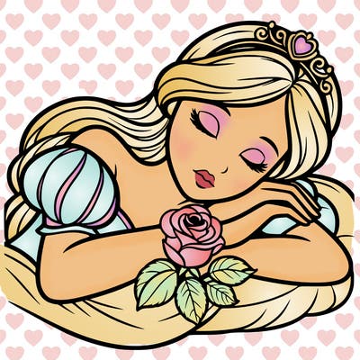 a fairytale princess sleeping with her hands crossed on her chest and a rose on her chest realistic