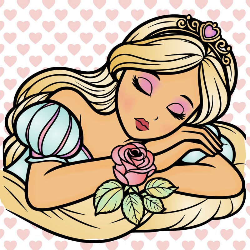 a fairytale princess sleeping with her hands crossed on her chest and a rose on her chest realistic