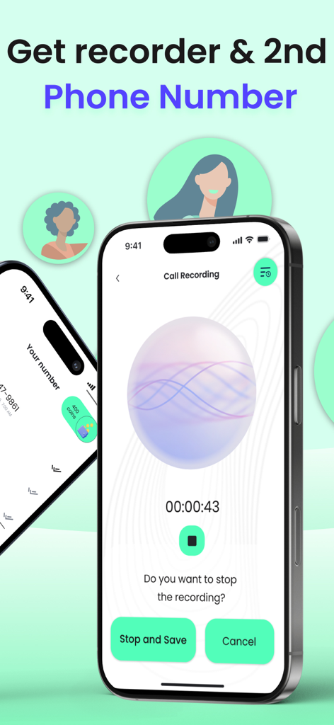 ACR Call Recorder · 2nd Line - Interface of ACR Call Recorder app showing a call recording session on an iPhone