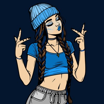 realistic teenage girl with braids and a beanie and crop top doing 🫶🏼