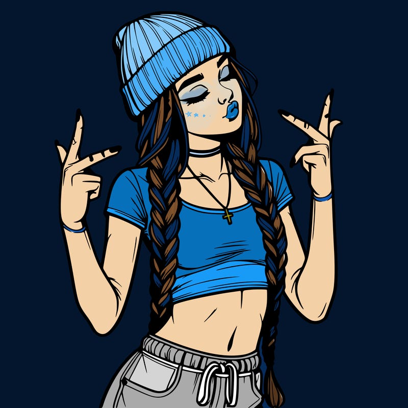 realistic teenage girl with braids and a beanie and crop top doing 🫶🏼
