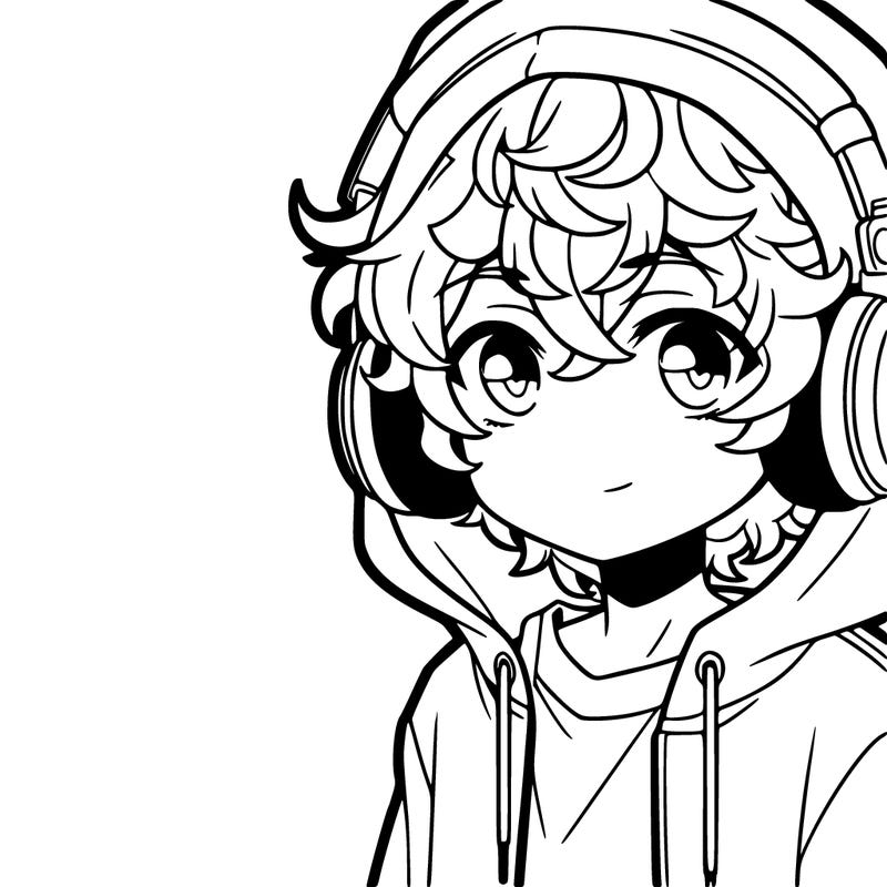 anime boy with headphones wearing a hoodie and curly hair