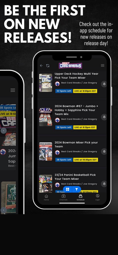 Best Card Breaks - Best Card Breaks app screen showing a schedule of upcoming sports card breaks for hockey baseball and basketball.