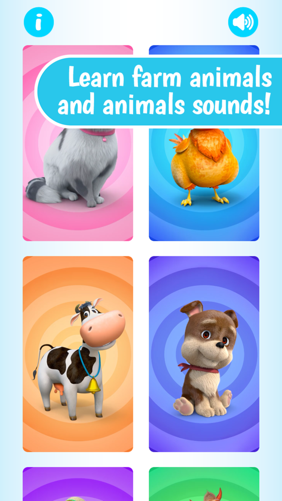 Farm Animals by Dave and Ava - A menu of interactive farm animals including a cow dog cat and chicken for children to learn sounds and names