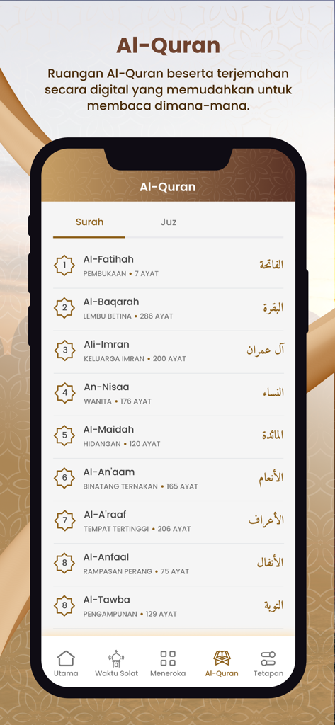 Waktu Solat Malaysia - A screenshot of the Waktu Solat Malaysia app showing the Al-Quran section with a list of Surahs including Al-Fatihah and Al-Baqarah