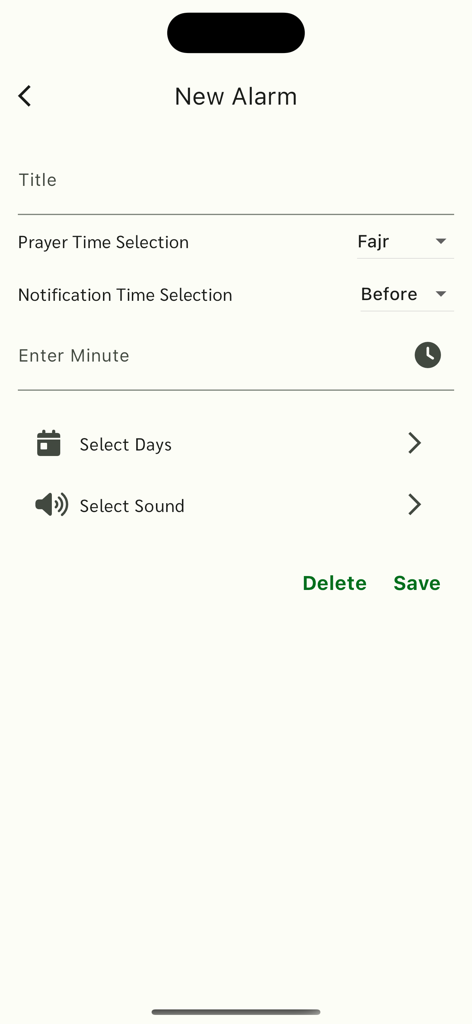Setting up a new prayer time alarm with notification and sound options