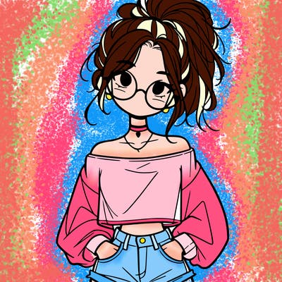girl with a messy ponytail glasses a baggy crop top and jean shorts
