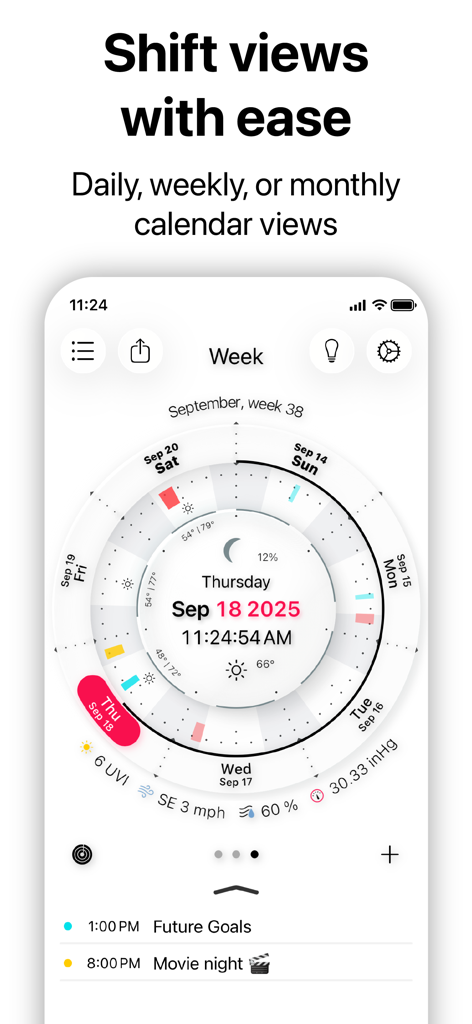 Eine kreisförmige Wochenkalenderansicht in der CircleTime-App, die Tagespläne und Mondphasen anzeigt.